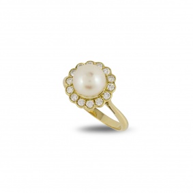 Yellow Gold Pearl and Diamond Set Dress Ring